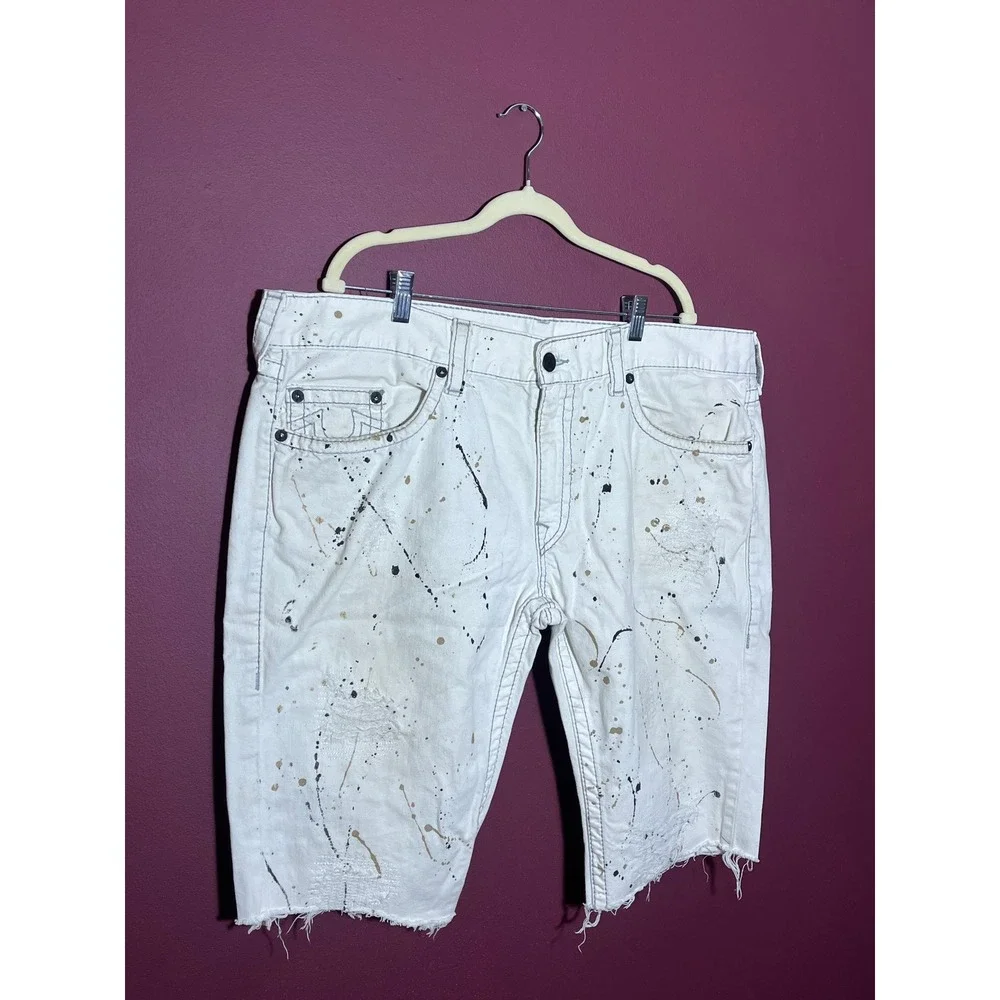 True Religion White Paint Splatter Distressed Skinny Denim Shorts Mens